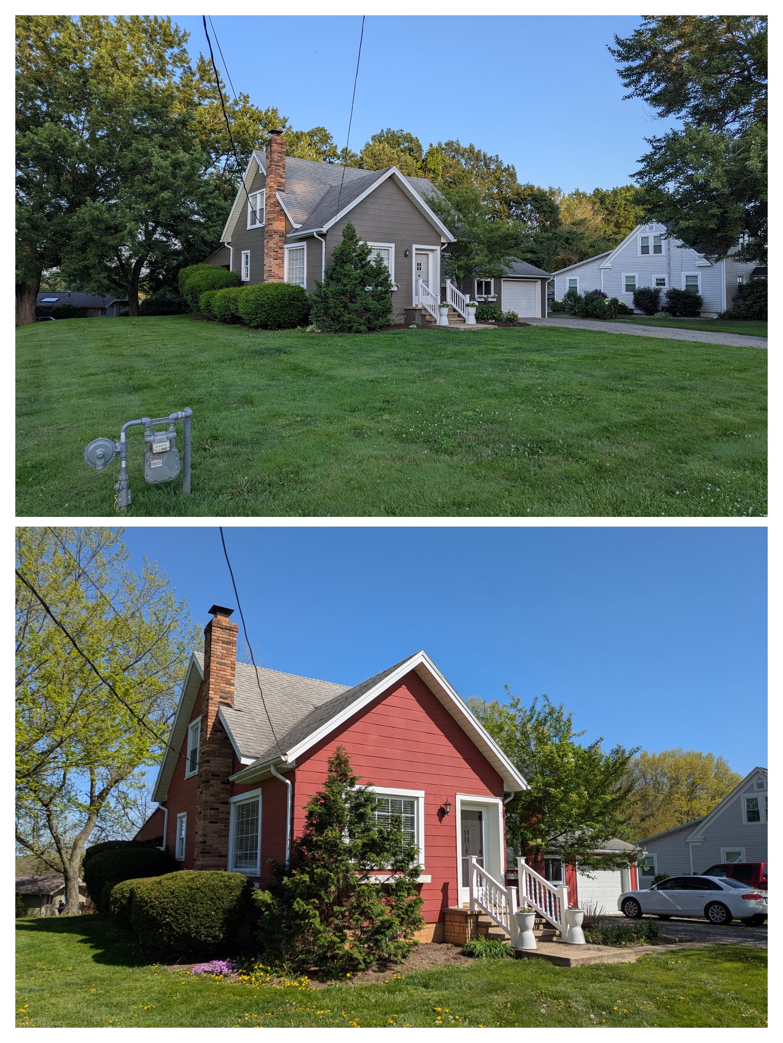 Before and after image of a house exterior, showcasing a home renovation with updated paint color.