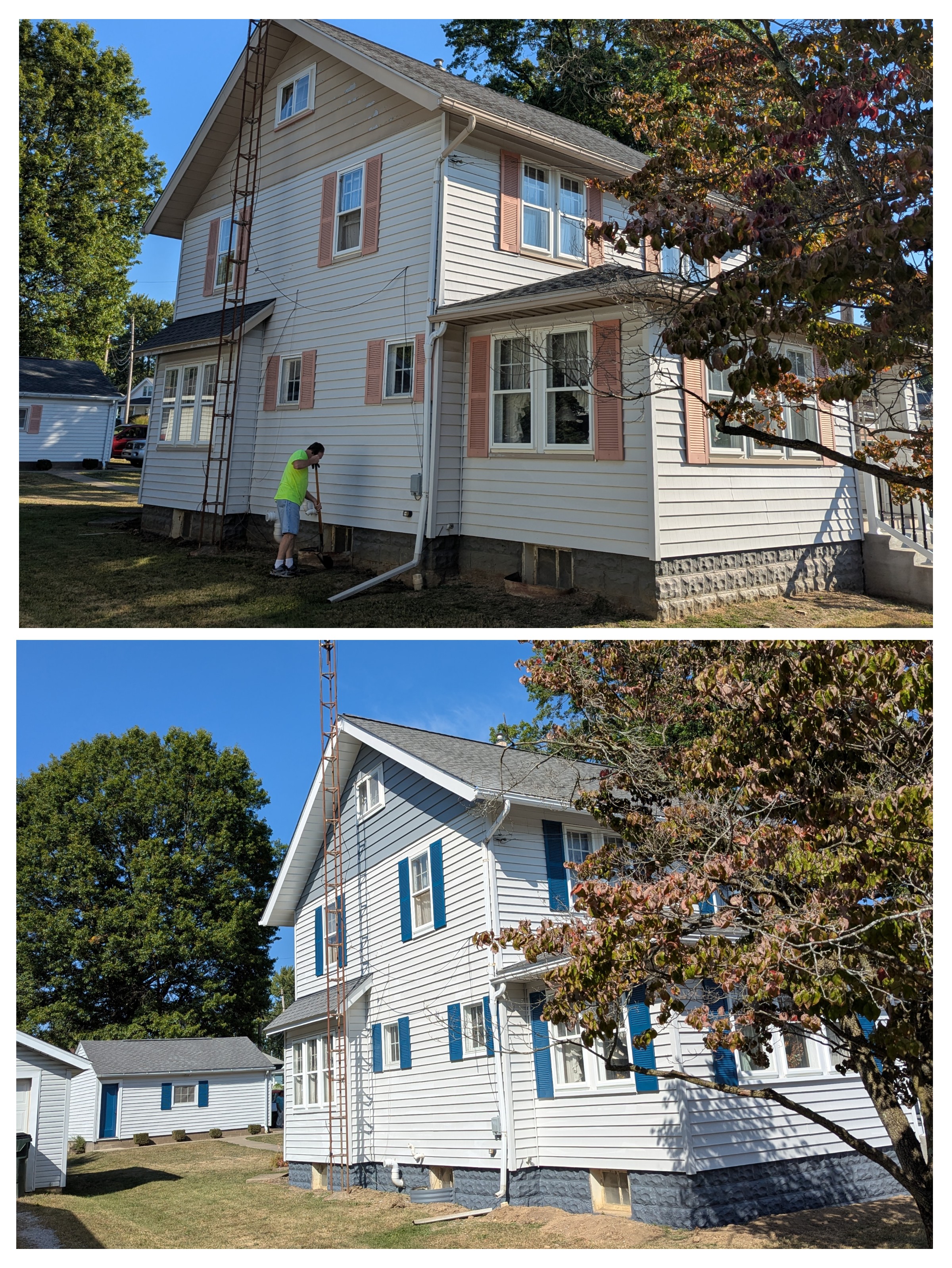 Before & after of a two-story house renovation with new blue shutters and white siding.