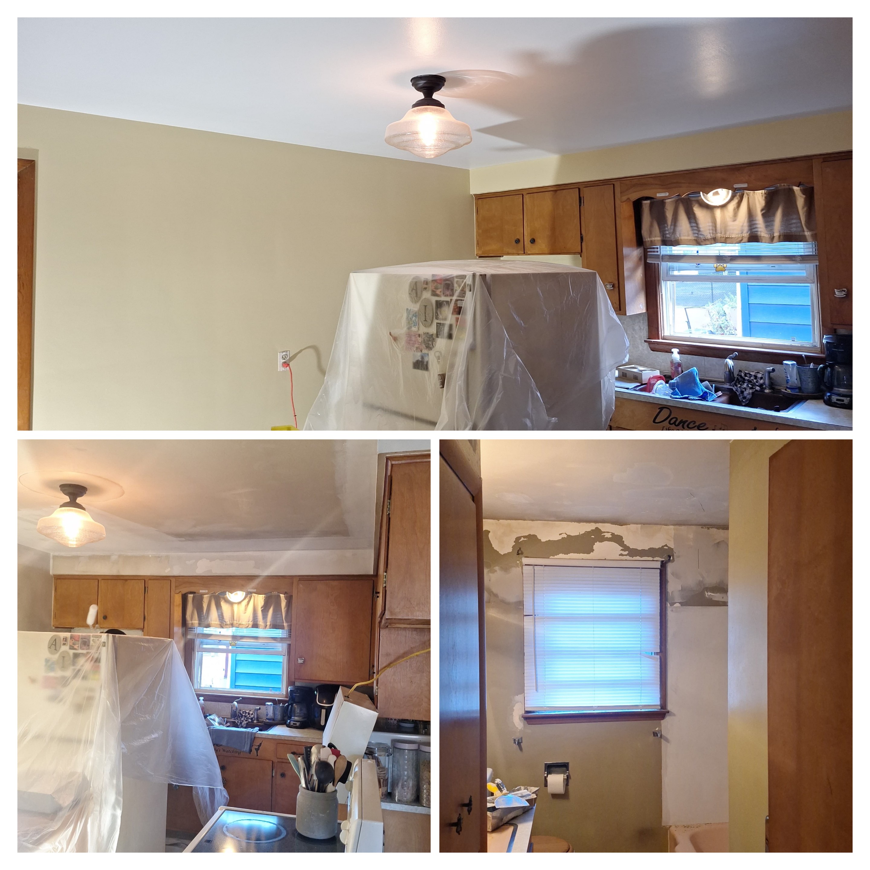 Kitchen renovation: Cabinets, window, covered refrigerator, and wall prep for painting.