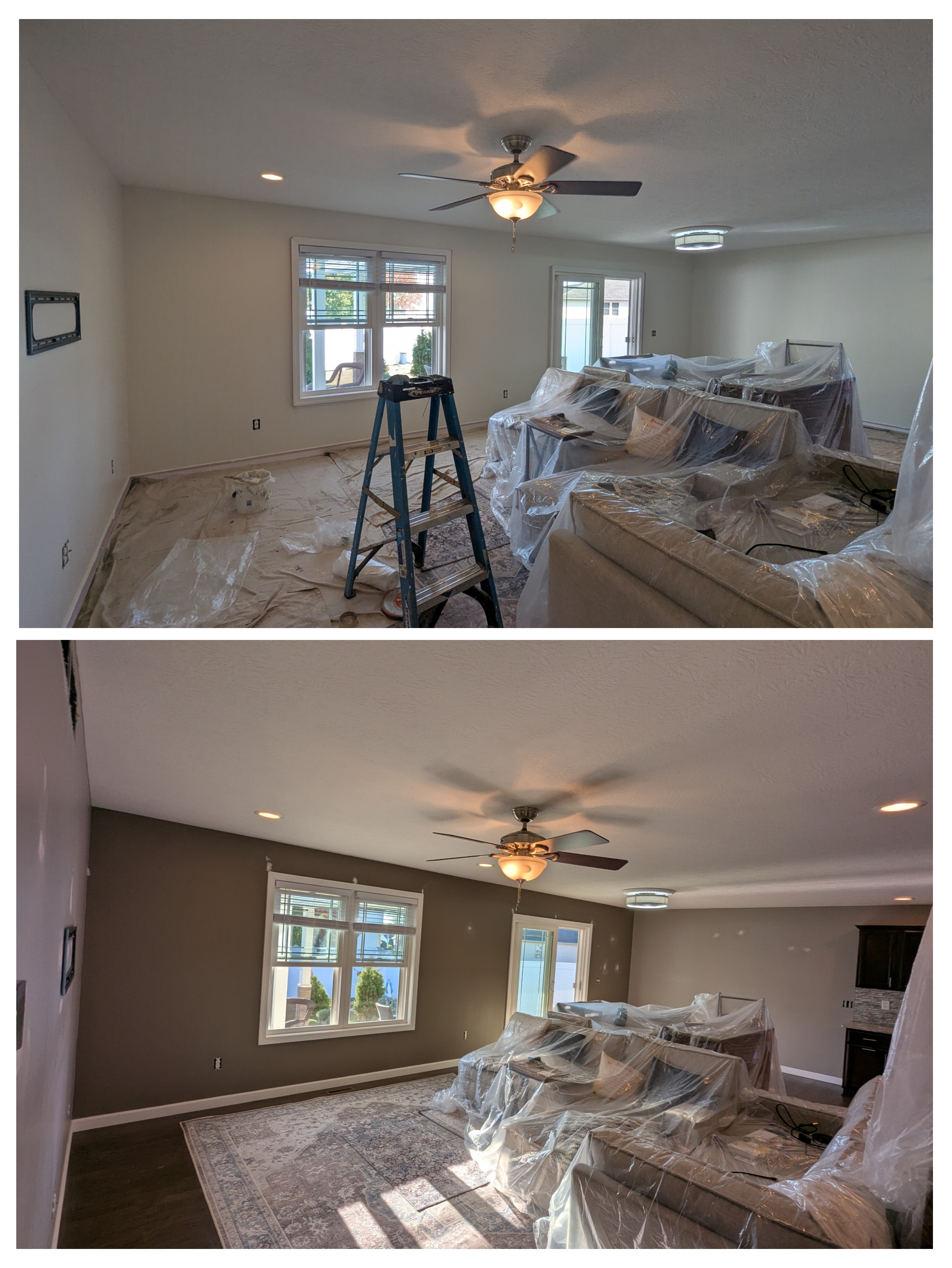 Before and after living room renovation with new brown paint, flooring, and rug.