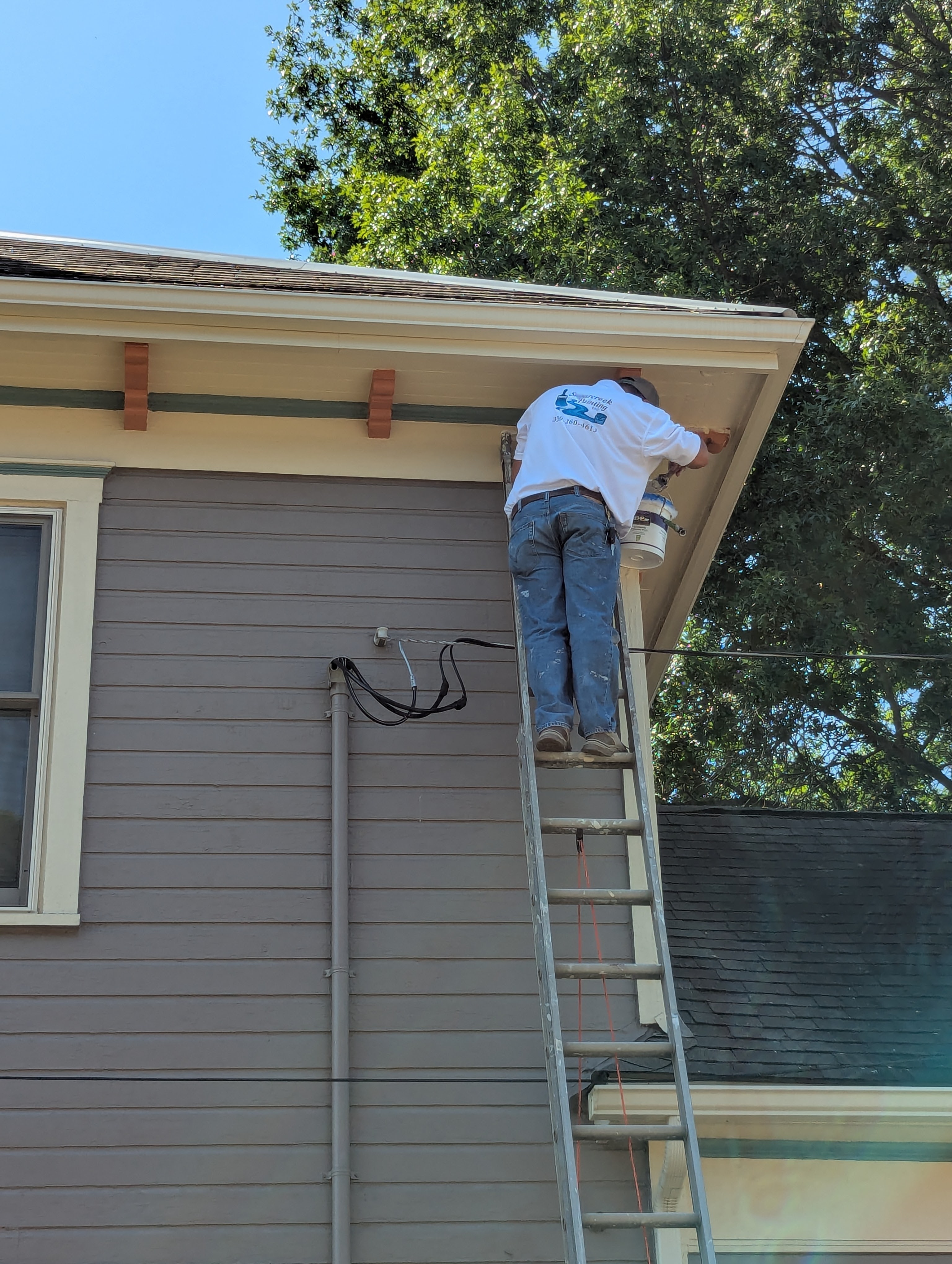 Painter on ladder touching up the exterior of a house.