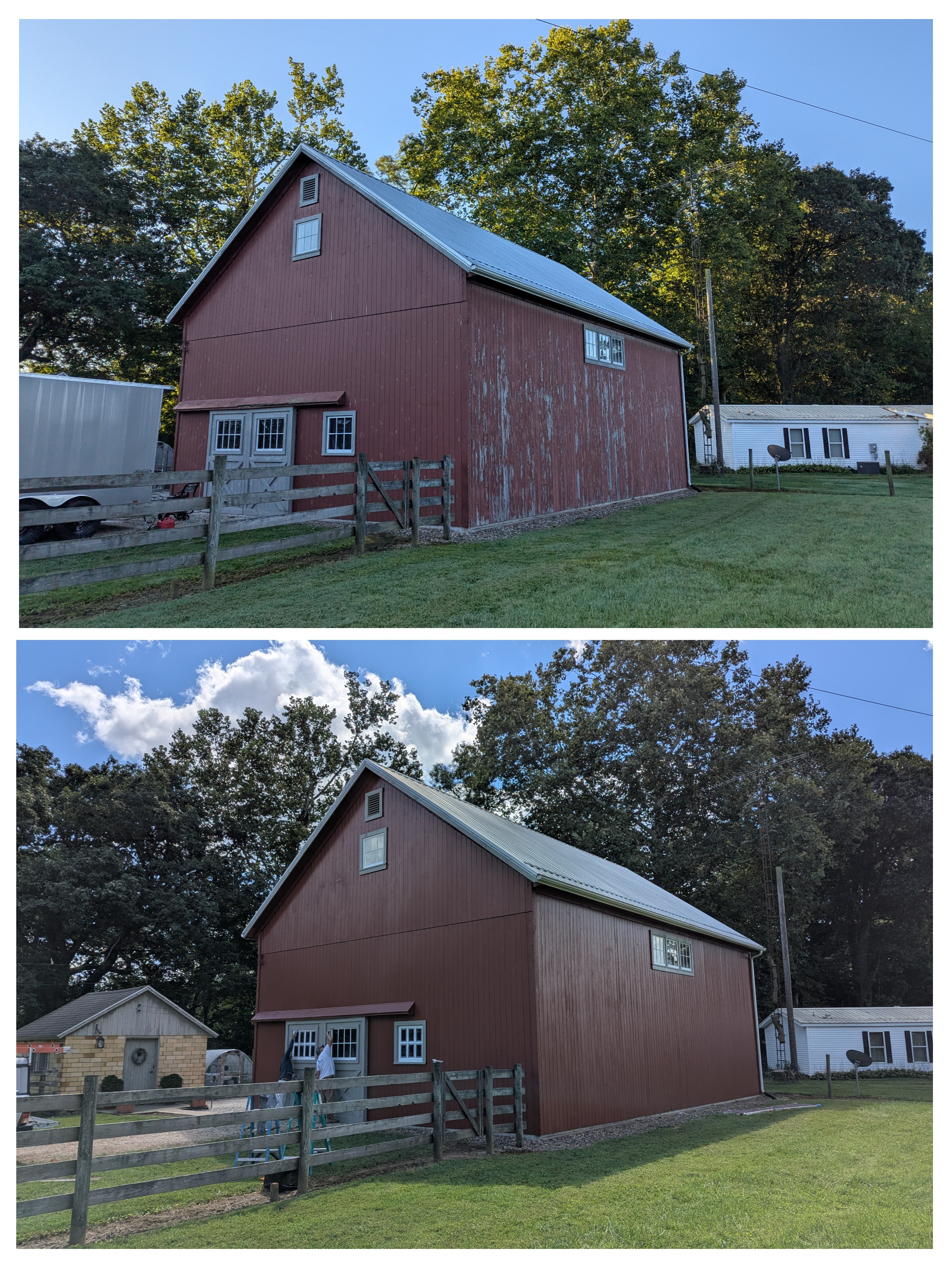 Before and after of a newly painted red barn.